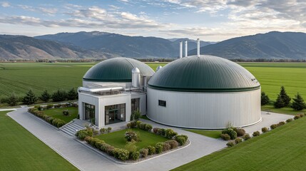 Obraz premium An aerial view of a circular green biogas plant nestled among rolling fields, domed digesters connected by walkways, and vent stacks emitting clean steam against a blue sky
