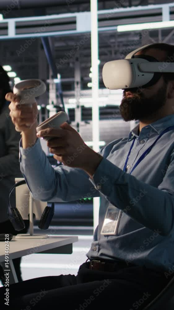 Poster vertical video data center technician using vr headset to monitor neural network ai llm visualizatio