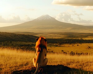 Majestic Lion Watching Sunset African Savanna Mountain
