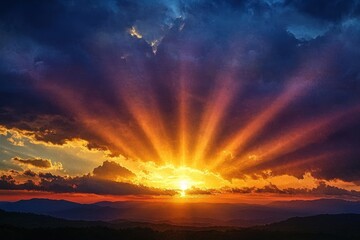 Radiant sunset with vibrant orange and yellow sun rays piercing through dramatic dark and blue clouds over layered mountain silhouettes