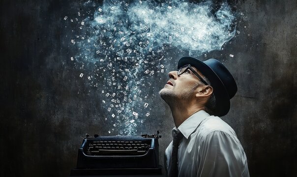 Man in classic attire with hat and glasses looking upwards as letters and smoke emerge from a vintage typewriter creating a magical and imaginative atmosphere