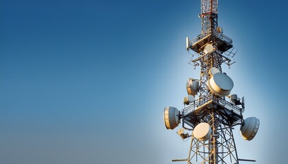 a close up shot of a telecommunication tower with visible details surrounded by a neutral empty sky for text or design