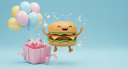 Fototapeta premium Whimsical Hamburger Character Celebrating with Balloons and Gift Box
