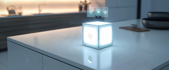 Illuminated payment cube sits on a bright white countertop, glowing holographic icons float above it hinting at wireless transaction options.