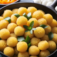 Macro Close-up of Couscous, Small Steamed Balls, Traditional North African Dish, Food Background, Pan Shot