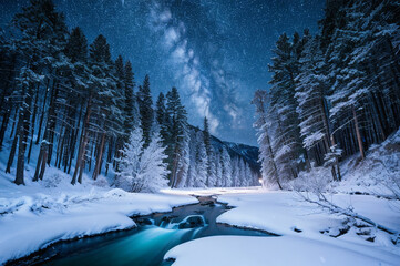 Crystal-clear stream in during snowfall