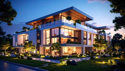 Obraz premium Modern luxury villa shines at dusk Serene residential architecture.