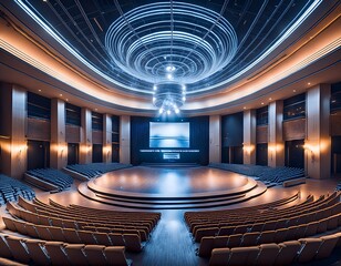 futuristic auditorium with interactive stage systems and projectors for advanced presentations