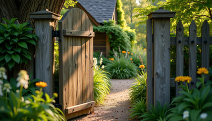 Green Rustic Wooden Gate Leading To Cottage