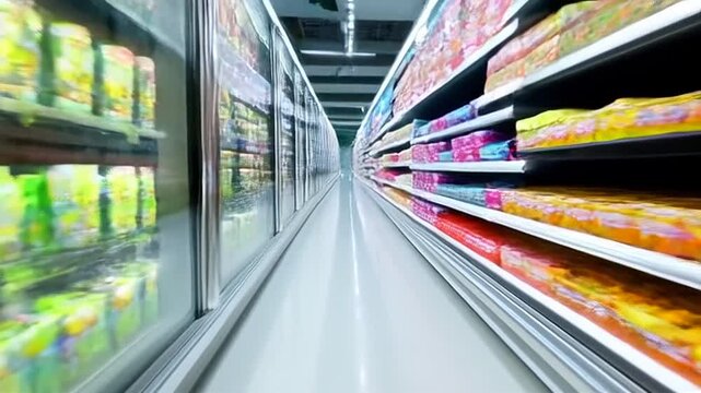 Perspective View of a Supermarket Aisle with Glass Door Freezers and Colorful Frozen Food Product Shelves in Bright Indoor Setting