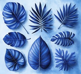 Collection of nine various blue tropical leaves with different shapes and textures on a light blue background expressing calm and artistic nature study