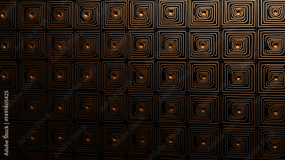 Aufkleber interlocked square spirals form a maze-like circuit pattern with realistic copper traces on dark pcb