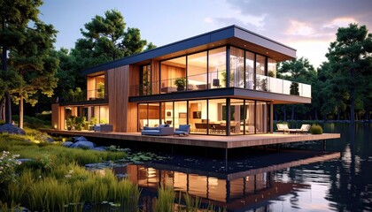 Obraz premium Lakeside Luxury Modern Home Reflected in Calm Waters at Sunset.