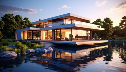 Obraz premium Lakeside Luxury Modern Home Reflecting Sunset Serenity.