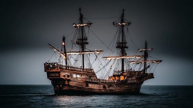 Historic Wooden Sailing Ship on Ocean with Dramatic Sky  Vintage Nautical Travel.