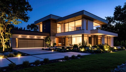Fototapeta premium Modern Dream Home Luxury Villa at Dusk.
