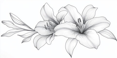 Obraz premium Detailed black and white drawing of two large blooming lilies with visible stamens and long leaves extending from the flowers against a plain white background