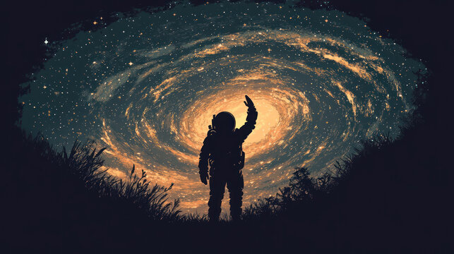 A silhouette of astronaut saluting stars with galaxy swirling behind in dark night sky, creating mysterious and inspiring scene