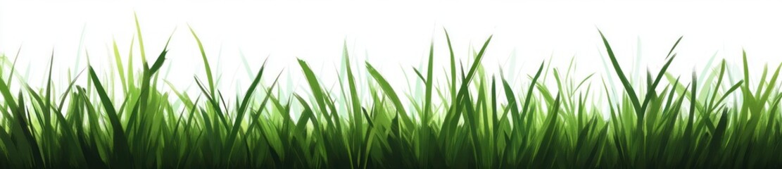 Close-up view of fresh, green grass blades against a white background, showcasing natural growth and vibrant foliage