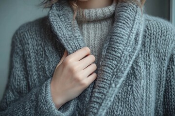 close-up of a person wearing thick knitted grey sweater and light beige turtleneck sweater, holding the sweater collar with one hand, evoking warmth and coziness
