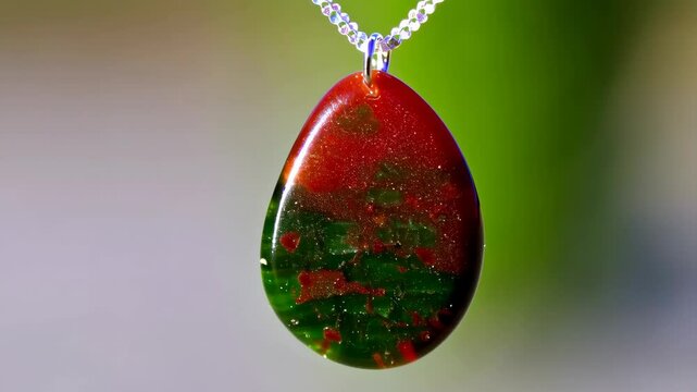 Close-up of a teardrop-shaped bloodstone pendant hanging from a delicate silver chain against blurred background