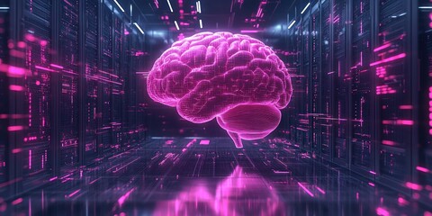 Glowing purple digital brain hovering inside a futuristic server room with neon lights and data streams reflecting on shiny floor