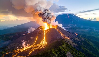 Volcanic Eruption with Lightning, and Sunset.