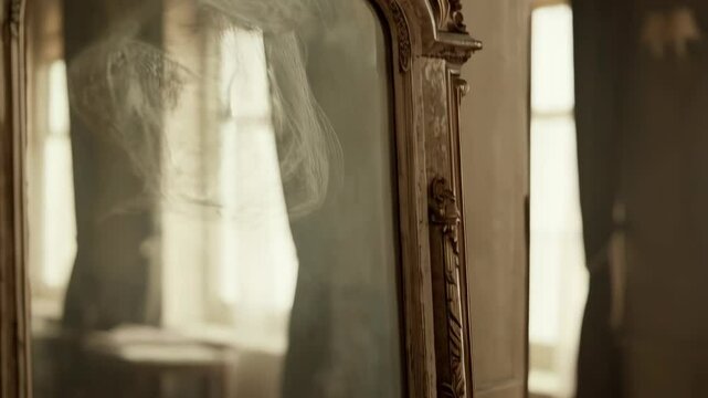 Ornate gilded mirror reflects indistinct figure in an interior setting with subdued lighting and neutral tones conveying mystery.