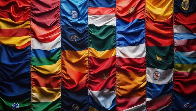 Rows of colorful international flags hanging closely together showing various national emblems and vibrant fabric texture creating a lively and unified atmosphere