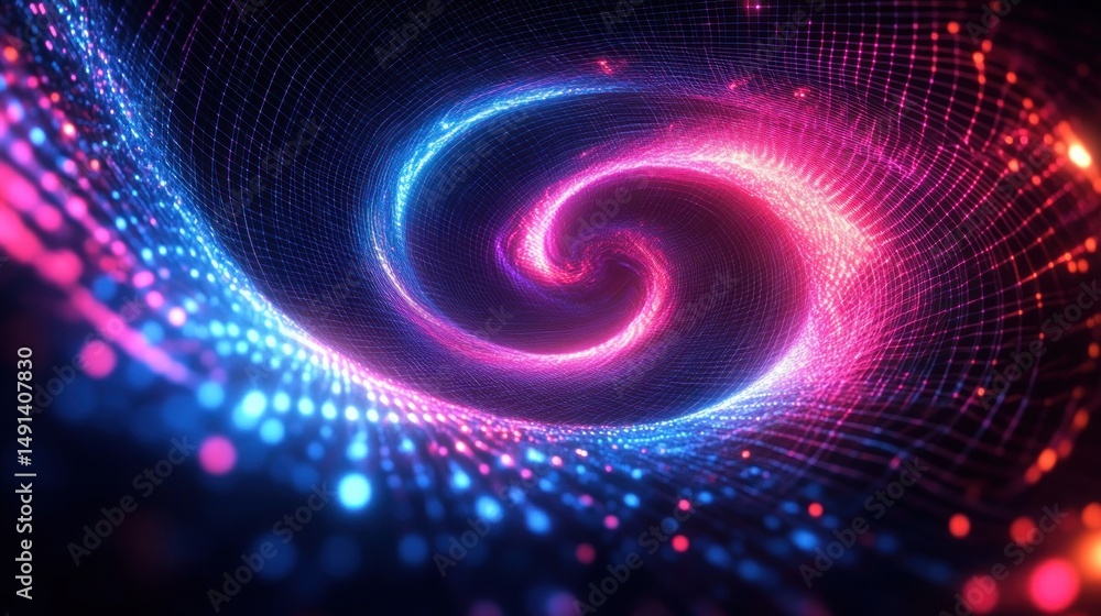 Fototapete glowing swirling vortex of vibrant blue and pink digital particles with dynamic grid lines creating 