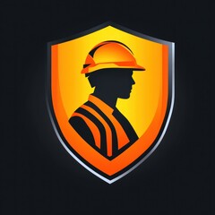 silhouette of a construction worker wearing a hard hat and safety vest inside an orange and yellow shield emblem on a dark background