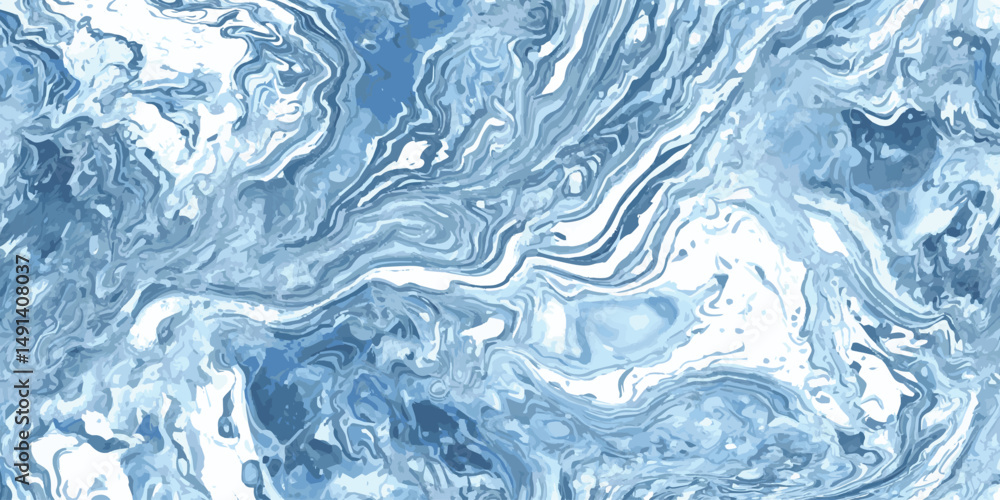Poster modern ocean wave abstract painting with swirling blues and whites, creating a dynamic and fluid com