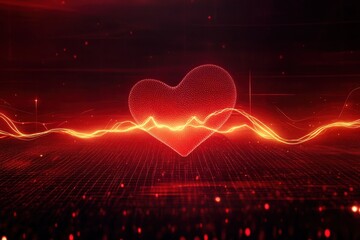 A glowing red heart with a pulse line on a digital grid background