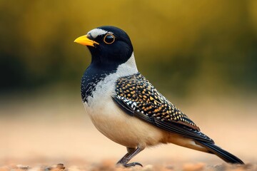 Close-up of a small bird with a black head, bright yellow beak, speckled orange and black wings, and beige underbody standing on a blurred natural background