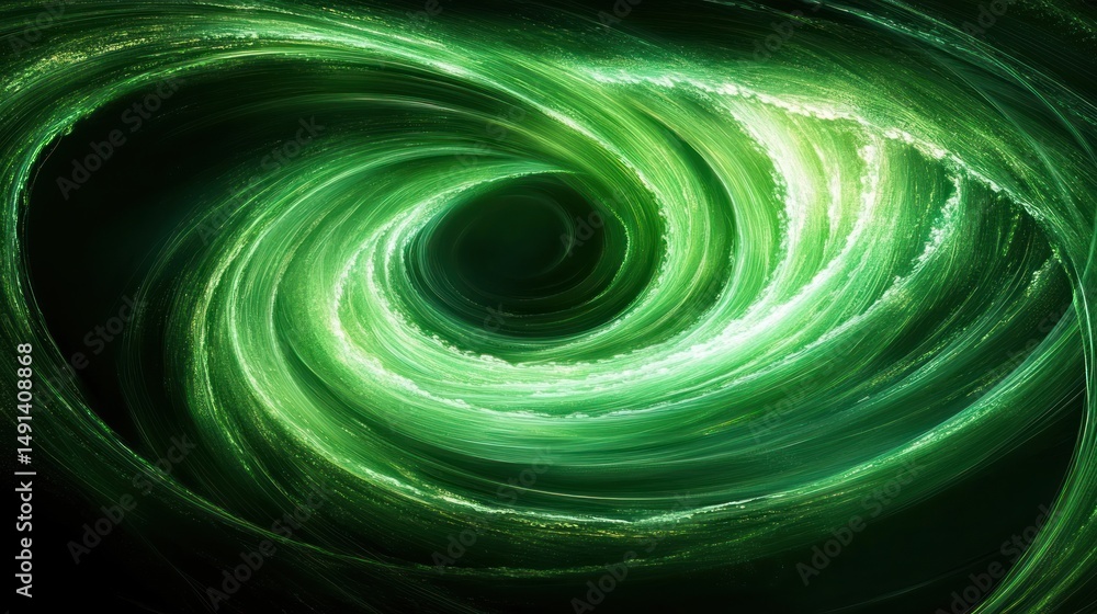 Poster Glowing green swirling vortex with bright illuminated spiral patterns creating a sense of motion and depth against a dark background