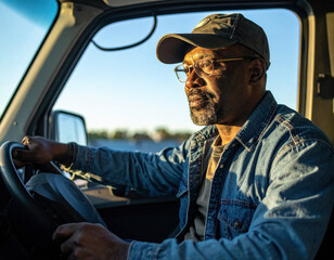 Black truck driver sits behind wheel of commercial vehicle, focused and determined, enjoying sunset