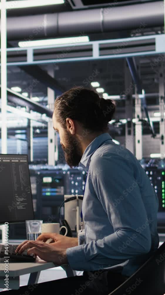 Poster vertical video data center system administrator talking with coworker in office while doing software