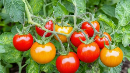 Red and yellow tomatoes on vine