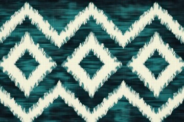 Abstract geometric pattern featuring diamond shapes with jagged edges in teal and white colors creating a textured and woven fabric appearance