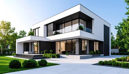 Modern White Villa Luxury Home with Clean Lines, and Sunny Day.