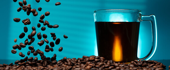 Cozy morning with steaming cup of freshly coffee and warm glow of sunrise. Rich aroma of ground coffee beans filled air as awake sunrise over window blue sky