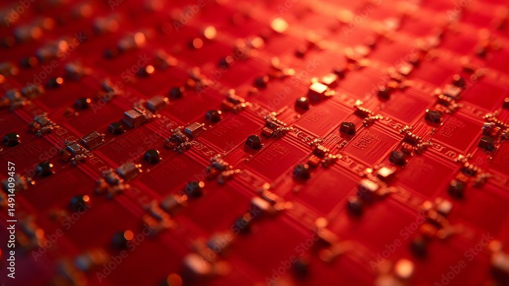 Aufkleber pixel-perfect orthogonal circuit grid with esd-protected nodes on fire-retardant red pcb, embodying 