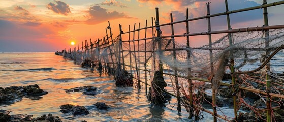 Rustic bamboo sea fence with fishing nets catches the warm sunset glow and rippling shallow sea water.