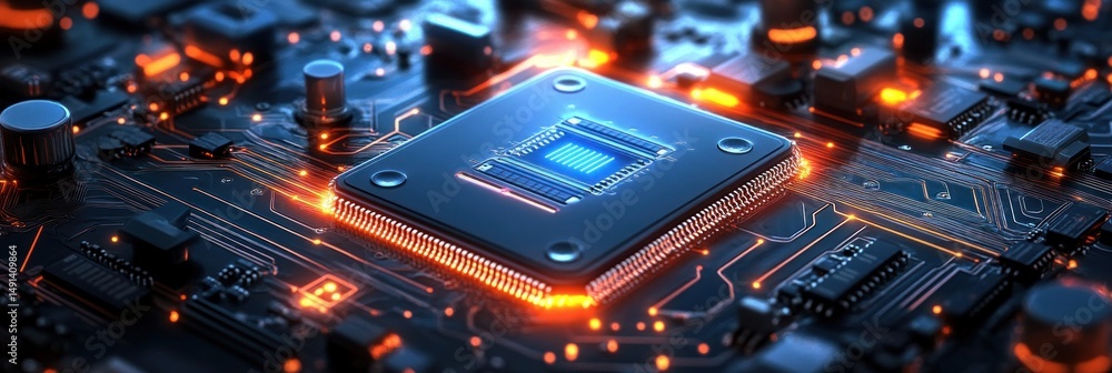 Poster close-up of a glowing microchip on an electronic circuit board with orange and blue lighting highlig