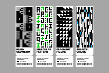 Graphic ticket template inspired brutalist vector layout with glitch geometry and bold typography for experimental poster digital artwork album cover banner pixel square triangle pattern futurism tech