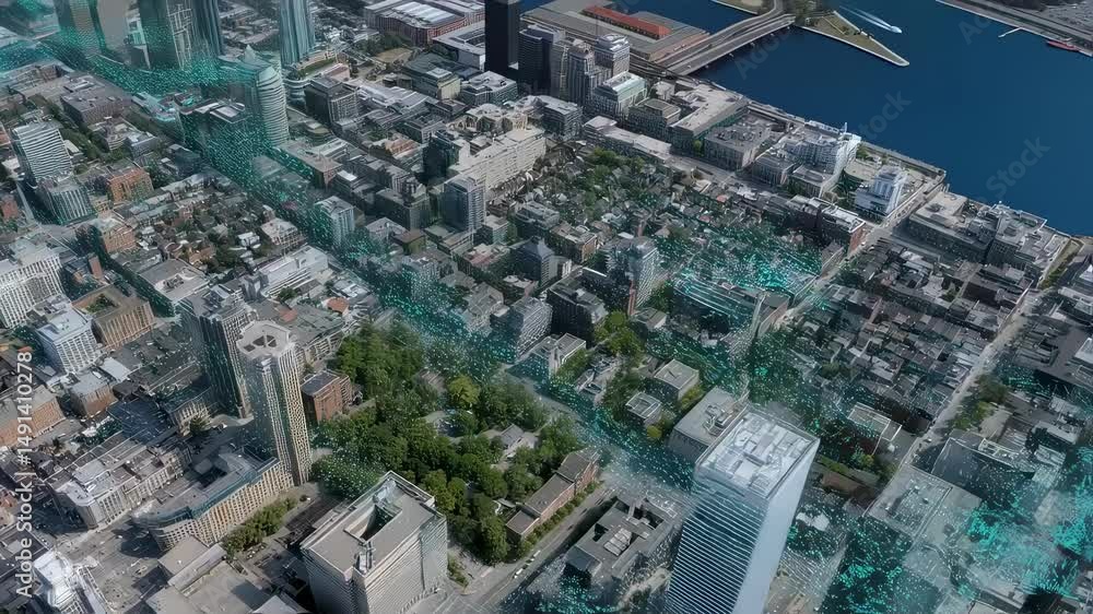 Poster an aerial view of a cityscale digital twin demonstrating data visualizations overlaying urban struct