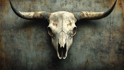 Fototapeta premium Close-up of a weathered animal skull with long curved horns mounted on a textured rusted metal background evoking a rustic and eerie atmosphere