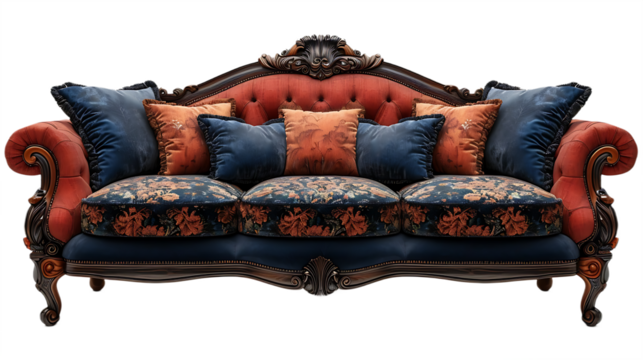 Floral Victorian Couch With Cream Upholstery Isolated on Transparent Background - Powered by Adobe