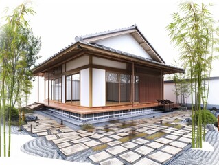 Traditional Japanese house flat design, geometric garden elements, simple bamboo, minimal architectural details texture.