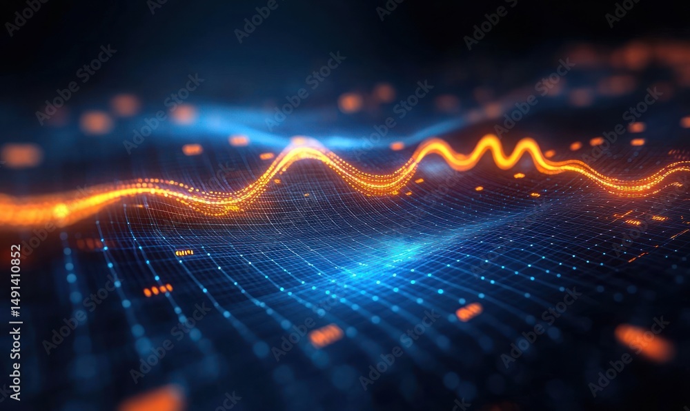 Leinwandbilder abstract digital landscape with undulating blue grid and glowing orange wave line representing data 